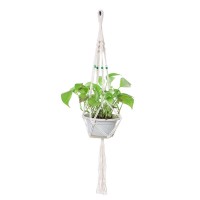 THY COLLECTIBLES Hand-Weaved Macrame Plant Hanger Indoor Outdoor Hanging Planter Basket Cotton Rope 4 Legs Beaded Creamy White (32" Length)   